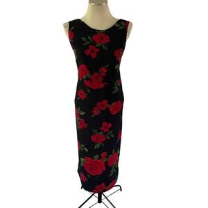 Vtg Y2K 2000s Black Dark Floral Maxi Dress Sz M Witchy Whimsygoth Grunge Vampy